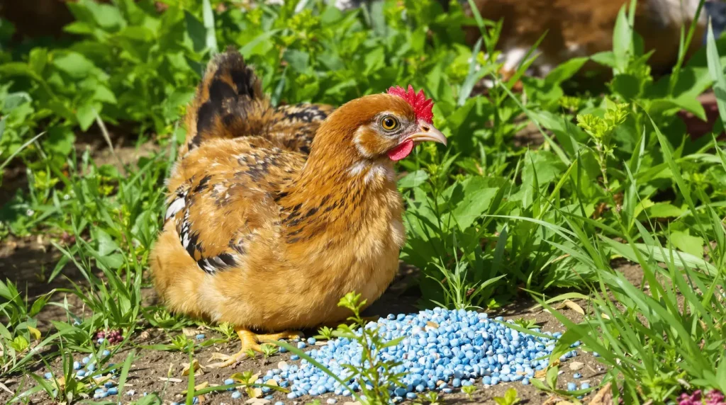 Lâcher ses poules sous les fruitiers en avril peut être une excellente idée, sauf si ce résidu bleu reste au sol